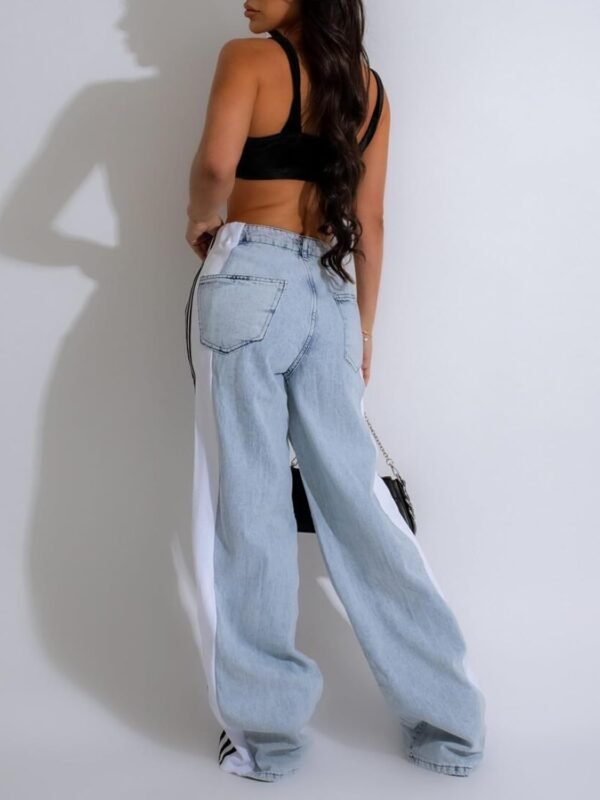 Women’s Jeans with Patchwork Stripes High Waist Loose Denim Color Block Jean Straight Wide Leg Pants