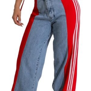 Women’s Jeans with Patchwork Stripes High Waist Loose Denim Color Block Jean Straight Wide Leg Pants