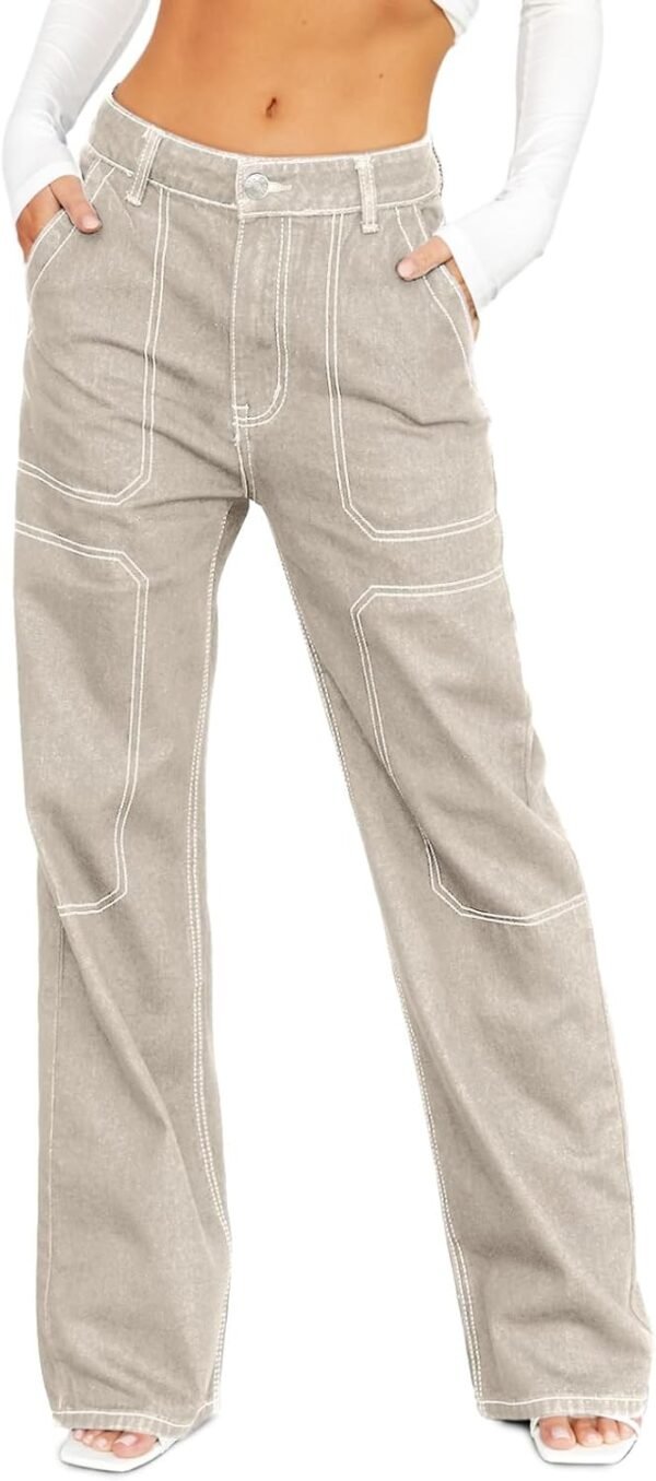 Women's Casual Mid Waist Cargo Jeans Stretch Wide Leg Denim Pants with Pockets