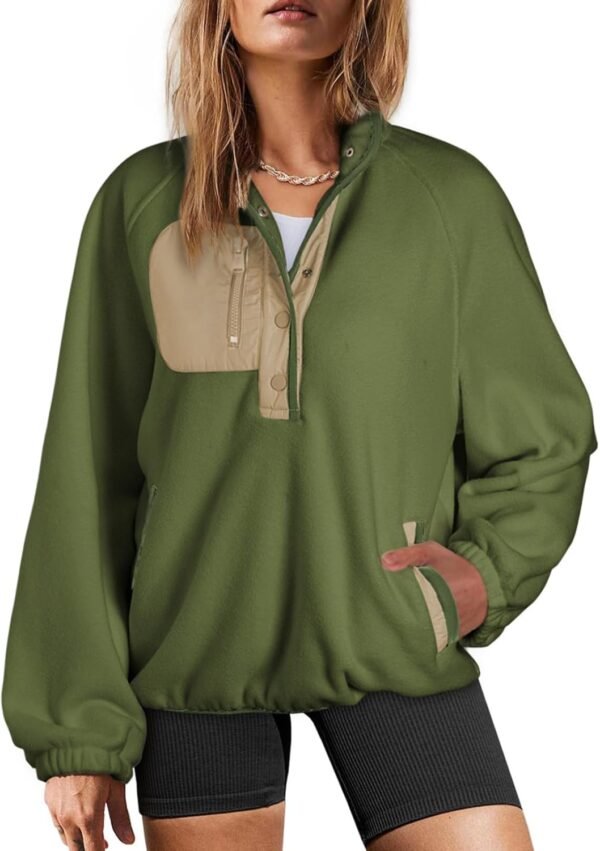 Sweatshirt for Women Oversized Fuzzy Fleece Jacket Color Block Button Long Sleeve Pullover Sherpa Sweatshirts Tops