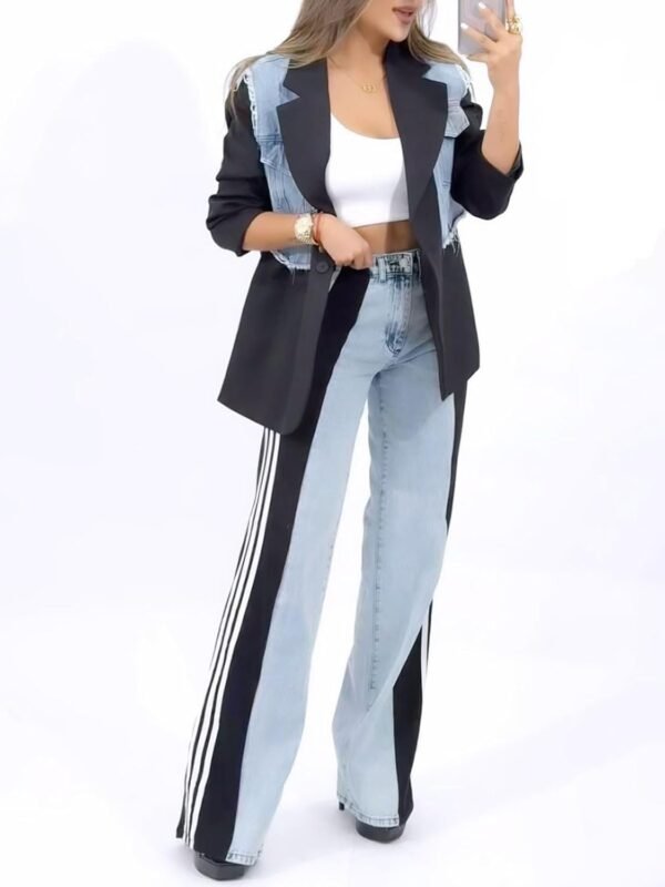 Women’s Jeans with Patchwork Stripes High Waist Loose Denim Color Block Jean Straight Wide Leg Pants