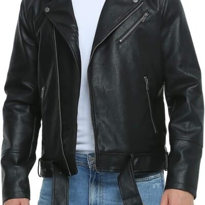Leather Jackets for Men, Faux Bomber Jacket Mens Motorcycle Lapel Asymmetric Zip-Up Blet Slim Fit Biker Coat