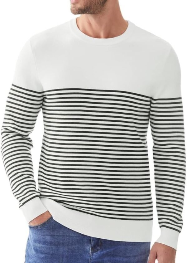 Mens Sweater Casual Slim Fit Crew Neck Striped Knitted Pollover Long Sleeve Sweaters Tops