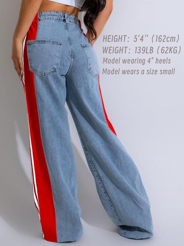 Women’s Jeans with Patchwork Stripes High Waist Loose Denim Color Block Jean Straight Wide Leg Pants