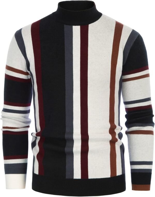 Mens Vintage Sweater Mockneck Striped Pullover Sweater Fashion Jumper Sweater
