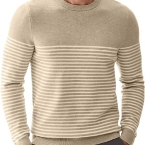 Mens Sweater Casual Slim Fit Crew Neck Striped Knitted Pollover Long Sleeve Sweaters Tops