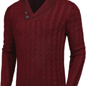 Men's Shawl Collar Pullover Sweater Slim Fit Casual Button Cable Knit Sweaters