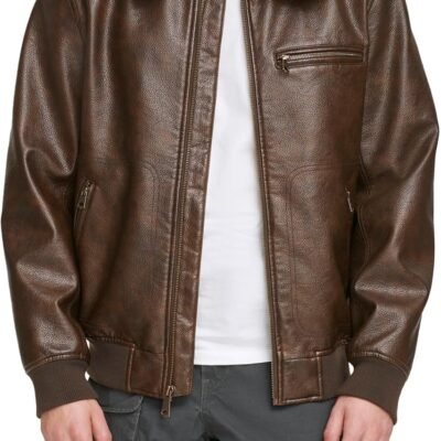 Men's Faux Leather Aviator Bomber Jacket with Sherpa Collar
