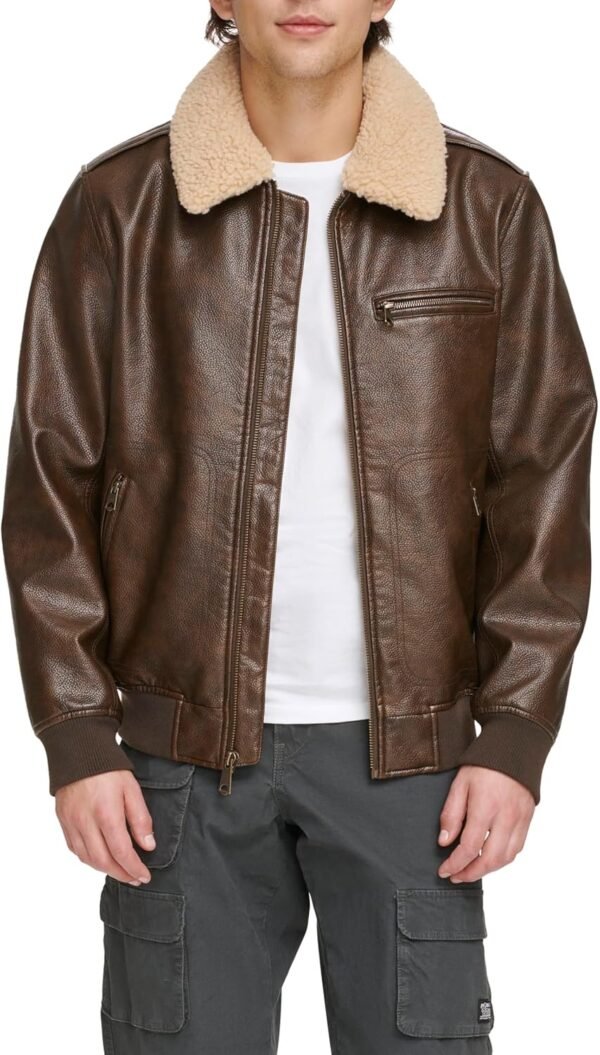 Men's Faux Leather Aviator Bomber Jacket with Sherpa Collar