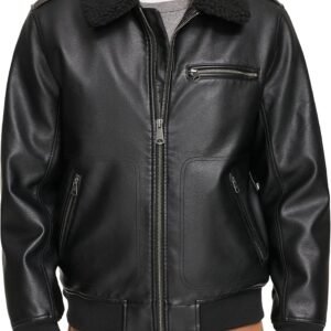 Men's Faux Leather Aviator Bomber Jacket with Sherpa Collar