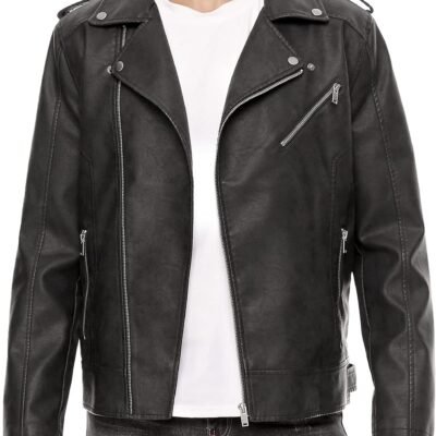 Leather Jackets for Men, Faux Bomber Jacket Mens Motorcycle Lapel Asymmetric Zip-Up Blet Slim Fit Biker Coat