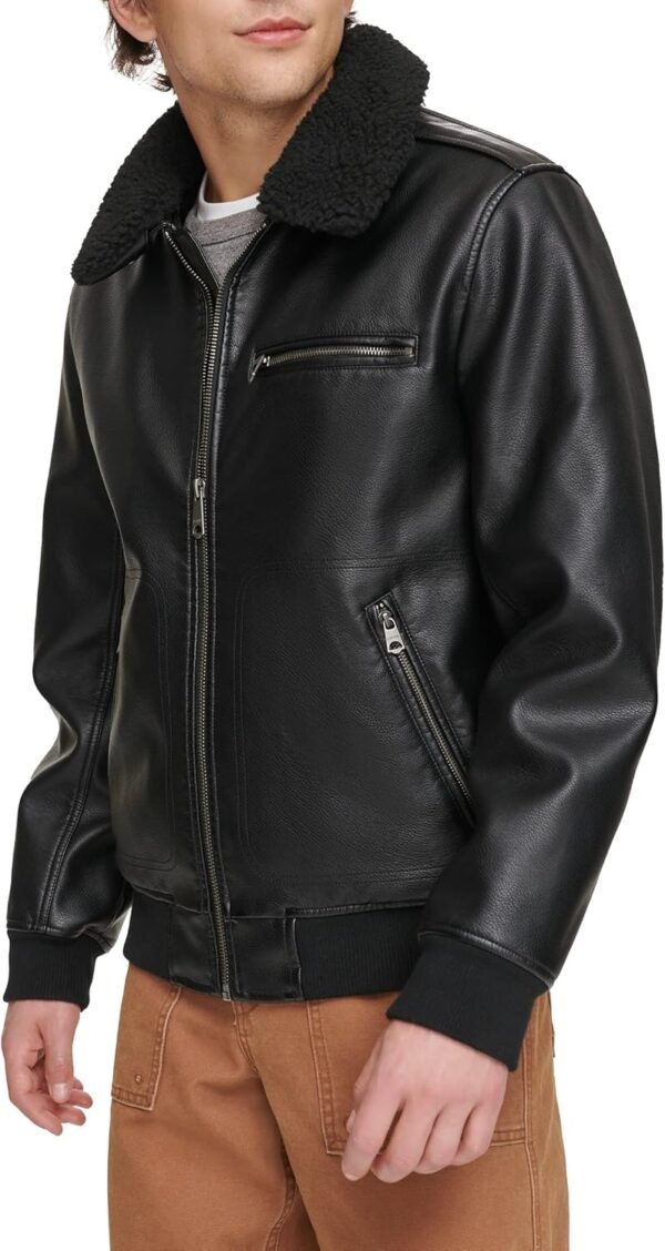 Men's Faux Leather Aviator Bomber Jacket with Sherpa Collar